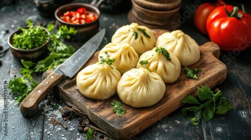 Delicious dumplings on wooden board with herbs and vegetables