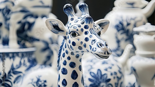 Blue and White Porcelain Giraffe Figurine photo