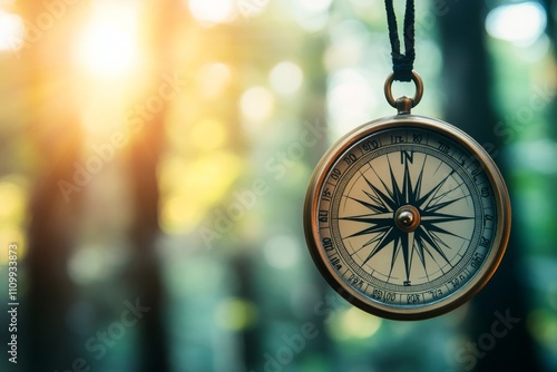 Antique Compass Hanging in Forest, Guiding Light of Adventure