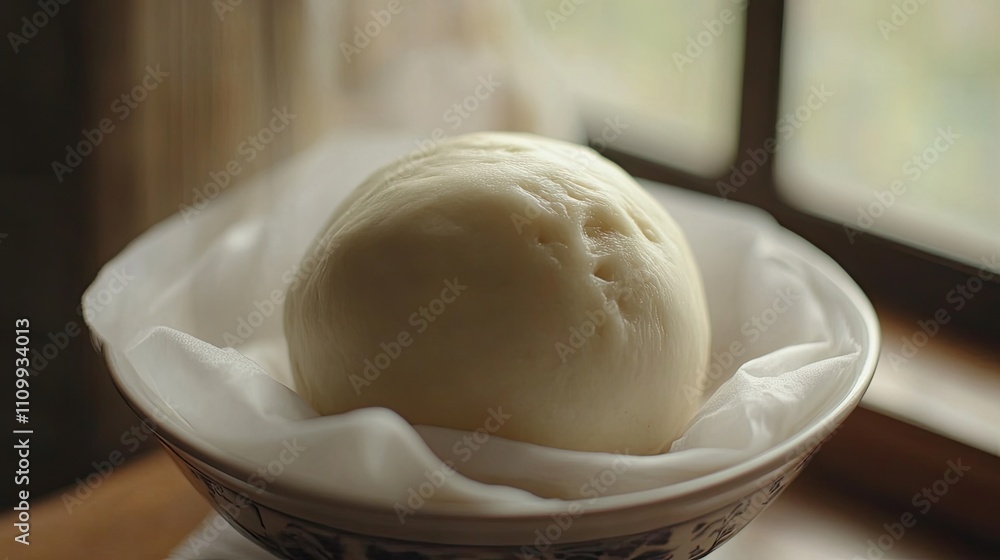 Soft and Fluffy Steamed Bun on Dish by Window with Natural Light Soft and Fluffy Steamed Bun on Dish by Window with Natural Light