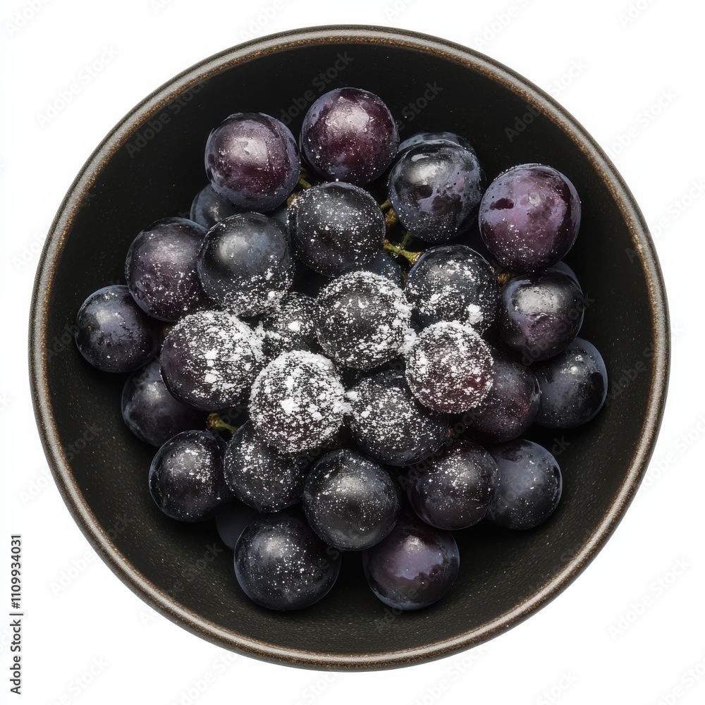 A bowl of ripe black grapes with a sprinkle of powdered sugar, isolated white background, modern art style A bowl of ripe black grapes with a sprinkle of powdered sugar, isolated white background, modern art style