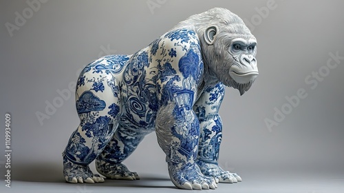 Blue and White Porcelain Gorilla Sculpture Art photo