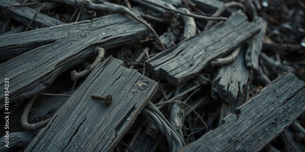 Fototapeta premium A pile of weathered, gray wood planks with a single rusty nail protruding from one