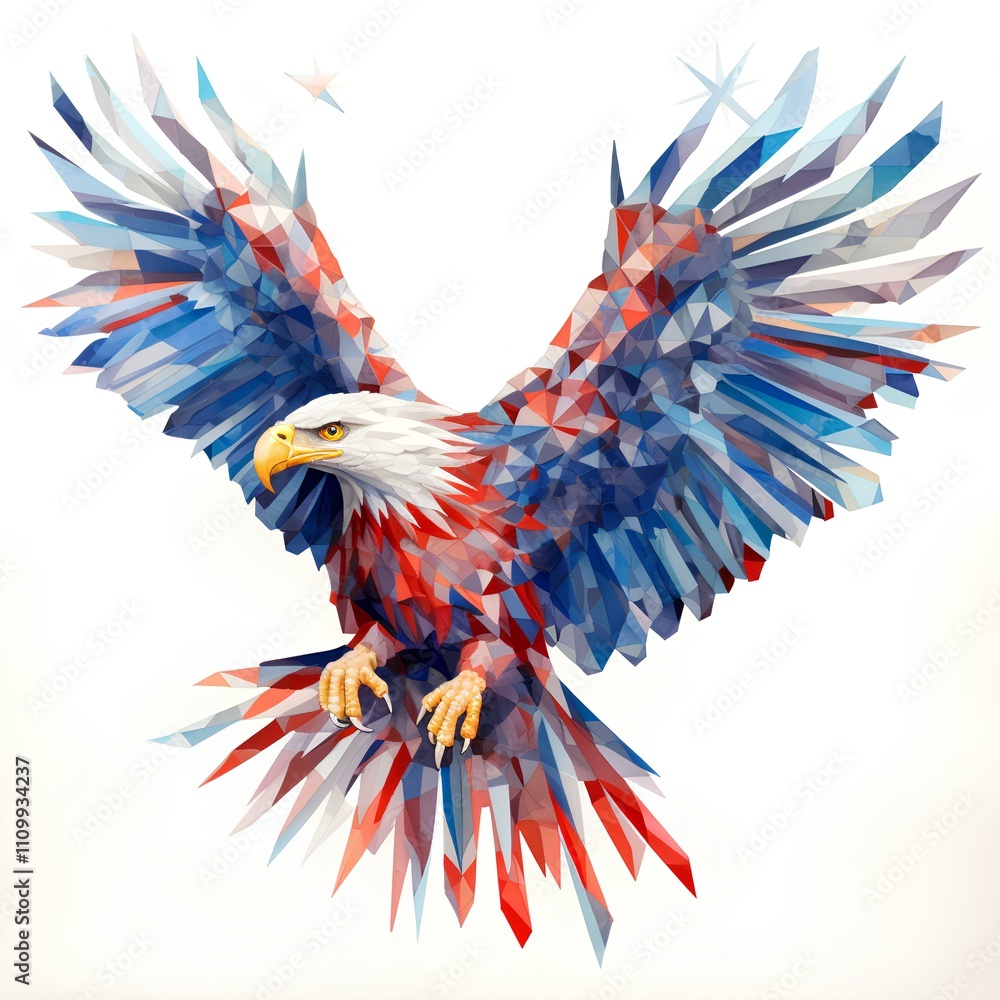 Obraz premium Majestic American Bald Eagle in Geometric Low Poly Style: A Patriotically Themed Artwork Featuring Vibrant Red, White, and Blue Feathers