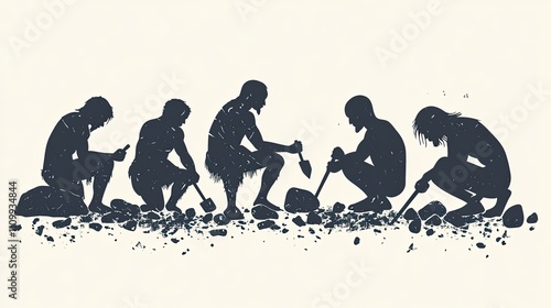 Stone Age Humans Working Together Mining Rocks