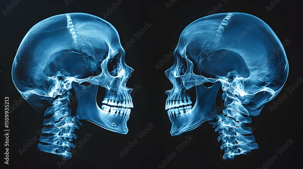 Medical imaging technique x-ray of human skulls clinical laboratory educational content dark background scientific perspective Medical imaging technique x-ray of human skulls clinical laboratory educational content dark background scientific perspective