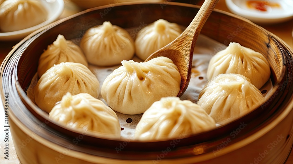 Steam Basket of Delicious Dumplings with Wooden Spoon Steam Basket of Delicious Dumplings with Wooden Spoon
