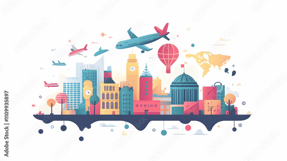 Obraz premium Urban travel adventure exploring iconic landmarks city skyline digital art vibrant environment aerial view travel and culture