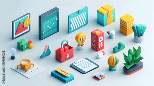 Wallpaper Mural Creative business tools & icons for growth digital workspace 3d render modern office varied perspectives Torontodigital.ca