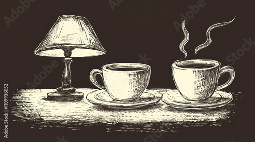 A cozy scene featuring two cups of coffee beside a lamp, evoking warmth and relaxation.