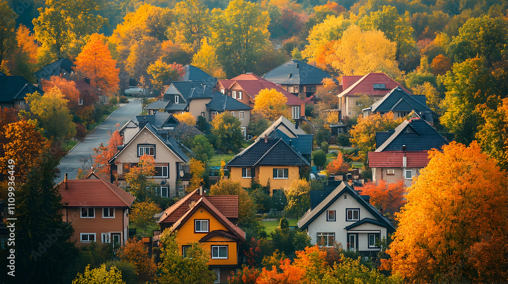 Naklejka premium Autumn homes in a colorful neighborhood scenic viewpoint residential area nature's beauty family living
