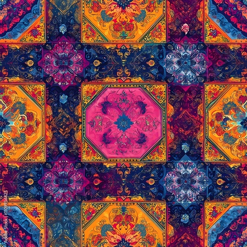 Indian patola seamless pattern with intricate motifs and colorful gradients photo