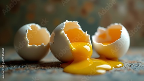 Three cracked eggs with runny yellow yolks on a textured surface photo