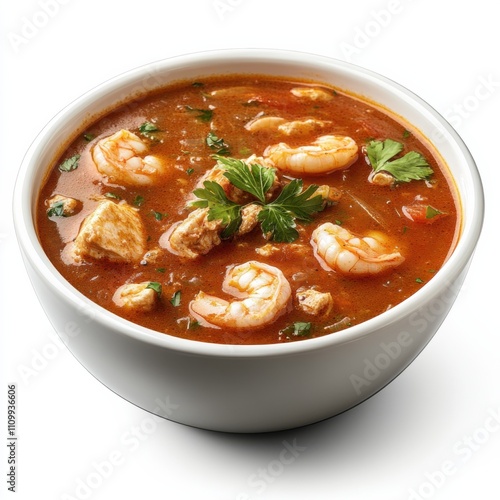 A bowl of spicy seafood gumbo with shrimp and crab, isolated white background, hyperrealism art style photo