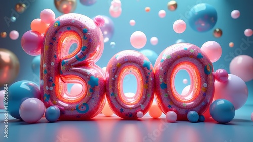 Three-dimensional letter 'Boo' surrounded by multi-colored, glittery balloons on a light blue background photo