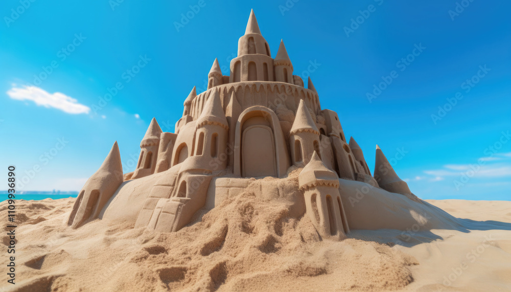 Close-up of a big sand castle on the beach with a blue sky in the background. Close-up of a big sand castle on the beach with a blue sky in the background.