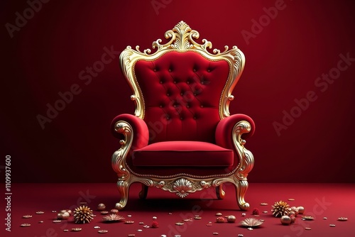 Red velvet throne with gold trim on red carpet photo