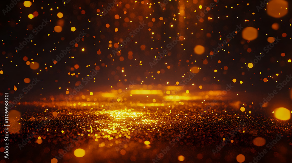 Fototapeta premium Glowing Orange Particles Falling in Dark Space, Illuminating Glittering Surface Creating Magical Atmosphere in Artistic Background