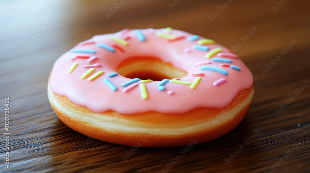 Colorful Pink Frosted Donut with Sprinkles on Wooden Table Colorful Pink Frosted Donut with Sprinkles on Wooden Table