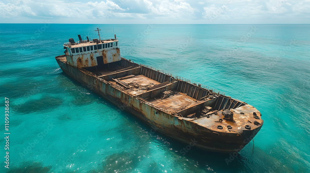 Abandoned shipwreck on vibrant ocean surface tropical island aerial photography serene waters maritime exploration Abandoned shipwreck on vibrant ocean surface tropical island aerial photography serene waters maritime exploration