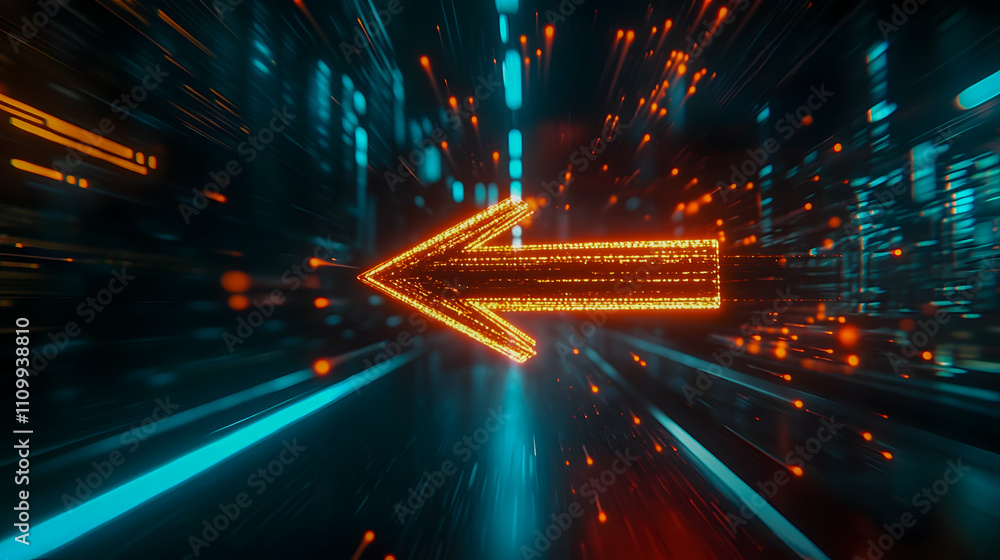 Obraz premium Dynamic and Colorful Arrow with Motion Blur Indicating Left Direction in a Futuristic Digital Environment Full of Neon Lights and Speed Effects