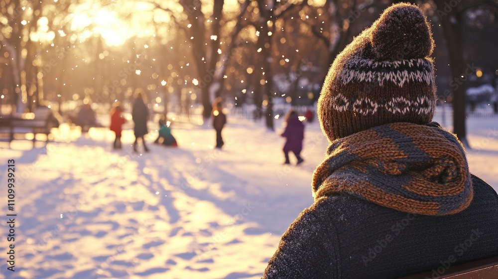 Cozy Winter Scene in a Snowy Park at Sunset Cozy Winter Scene in a Snowy Park at Sunset