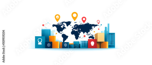 A stylized world map with colorful markers and buildings, representing global connectivity and location-based services.