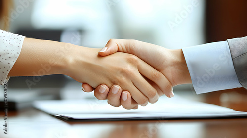 Collaborative business meeting office setting handshake moment professional environment close-up perspective trust building concept