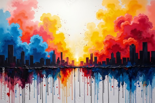 Abstract cityscape with colorful clouds or City skyline in vibrant colors with drips photo