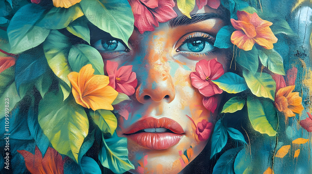 Vibrant portrait of a woman surrounded by lush nature urban art scene colorful expression close-up view captivating beauty Vibrant portrait of a woman surrounded by lush nature urban art scene colorful expression close-up view captivating beauty