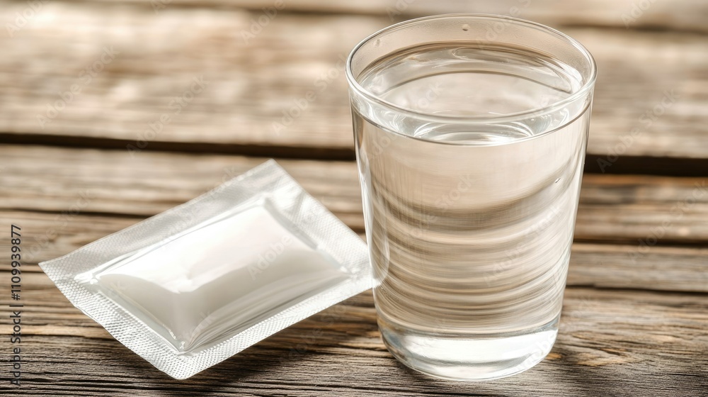 Clear Glass of Water Next to Sealed Sachet on Wooden Surface Clear Glass of Water Next to Sealed Sachet on Wooden Surface