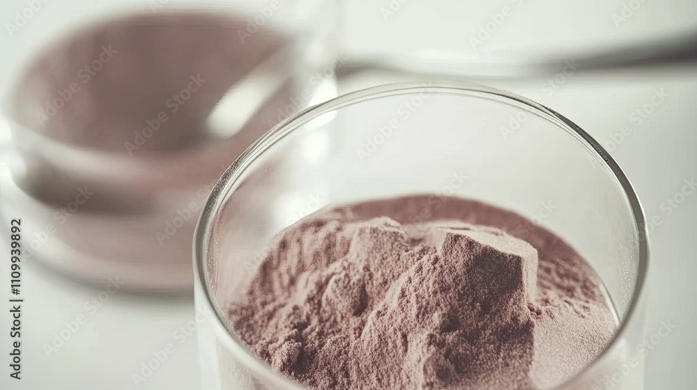 Fine brown powder in glass container with spoon on white background Fine brown powder in glass container with spoon on white background