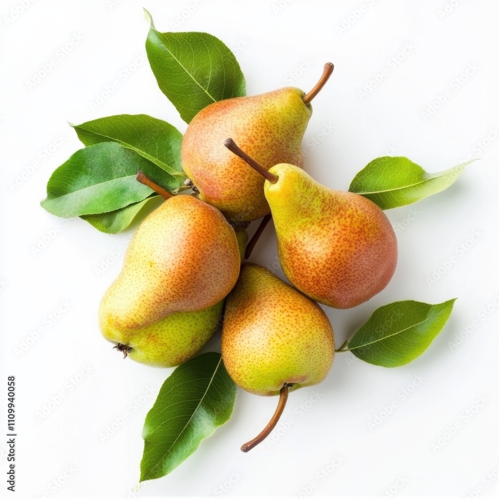 A bunch of ripe pears with leaves, isolated white background, minimalism art style