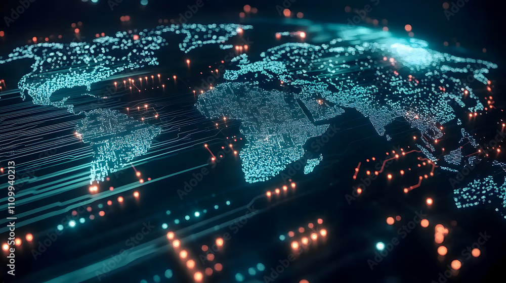 Obraz premium Futuristic Digital Map of the World with Data Flow in Neon Colors Representing Connectivity and Technology Innovations in Global Communication