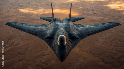 Cutting Edge Military Stealth Bomber Soaring Over Desert Landscape photo