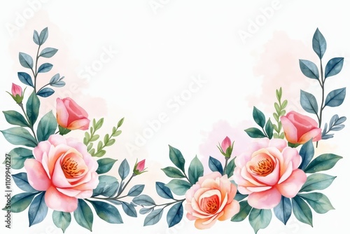 Beautiful pink rose illustration with blue foliage or Elegant floral design featuring roses in full bloom or