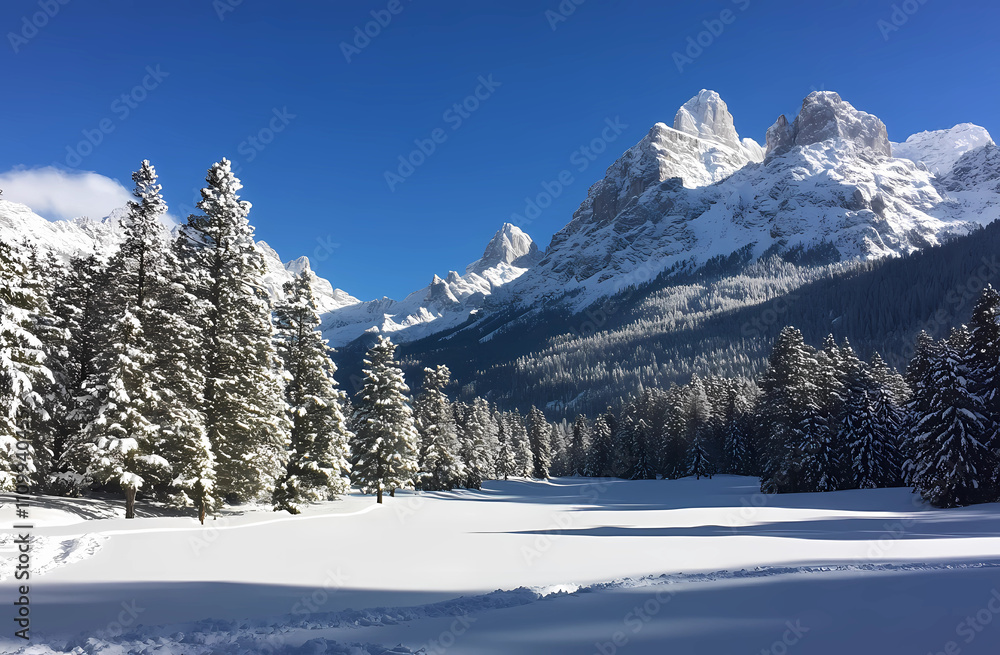 A snow-covered landscape with towering mountains in the background, surrounded by evergreen trees and scattered snowy meadows under clear blue skies A snow-covered landscape with towering mountains in the background, surrounded by evergreen trees and scattered snowy meadows under clear blue skies