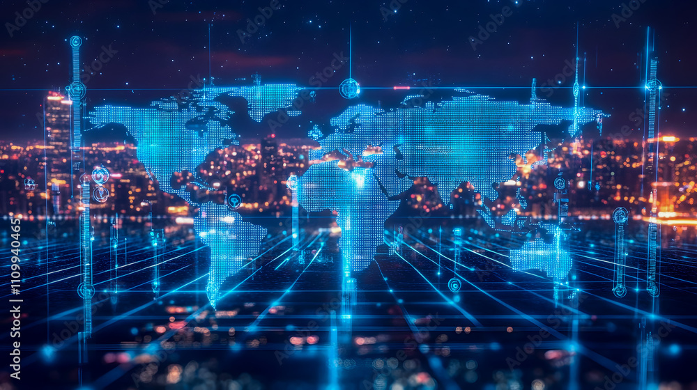 Futuristic World Map with Digital Connections and Data Visualization Over Cityscape at Night with Sparkling Lights and Technology Effects Futuristic World Map with Digital Connections and Data Visualization Over Cityscape at Night with Sparkling Lights and Technology Effects