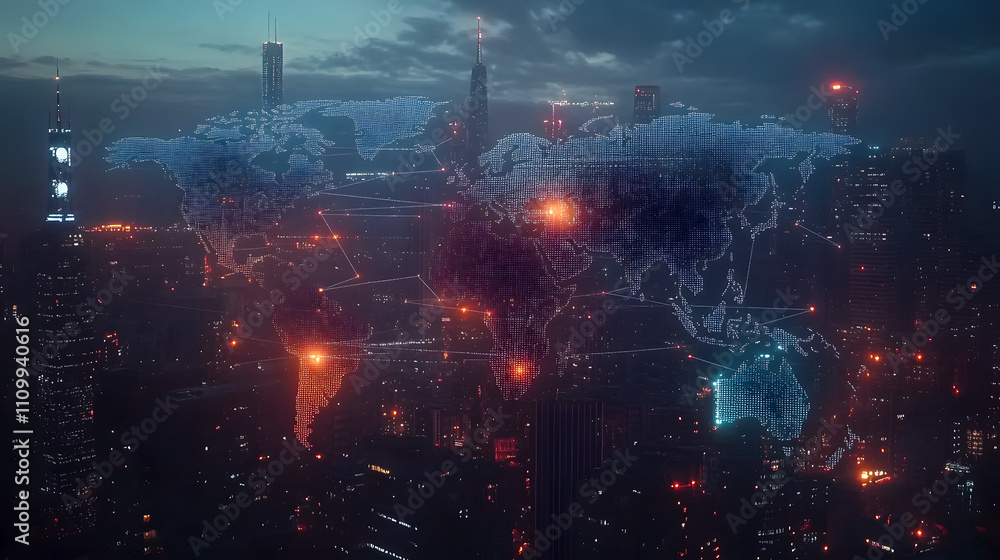 Futuristic Cityscape at Night with Digital World Map and Network Connections Illuminating Urban Skyline in a Technological Atmosphere Futuristic Cityscape at Night with Digital World Map and Network Connections Illuminating Urban Skyline in a Technological Atmosphere