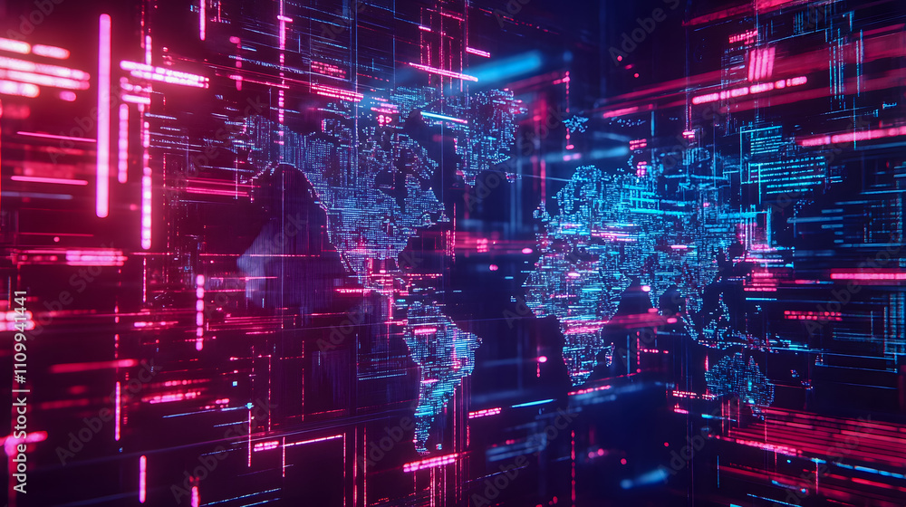 Futuristic Digital World Map with Neon Light Effects and Data Streams Representing Global Connectivity and Information Flow in Cyber Space