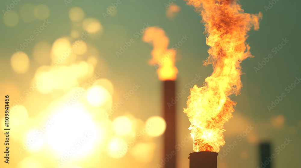 Obraz premium The image features industrial smokestacks emitting flames against a bright background, emphasizing pollution and energy production