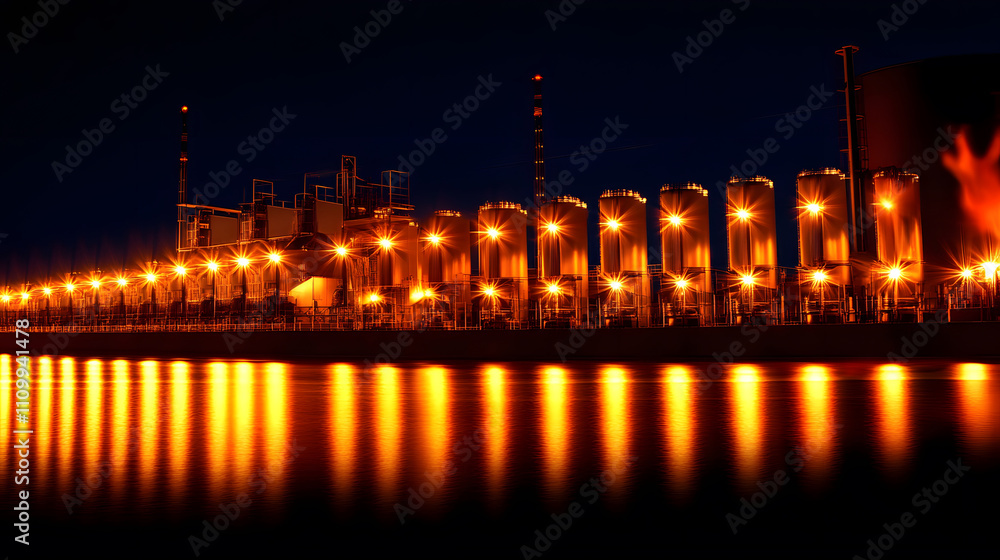 A nighttime industrial scene featuring illuminated tanks reflecting on water, showcasing a blend of technology and nature A nighttime industrial scene featuring illuminated tanks reflecting on water, showcasing a blend of technology and nature