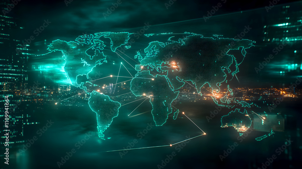 Digital world map with glowing network connections and city skyline at night, illustrating global communication and technology innovation in a modern landscape Digital world map with glowing network connections and city skyline at night, illustrating global communication and technology innovation in a modern landscape