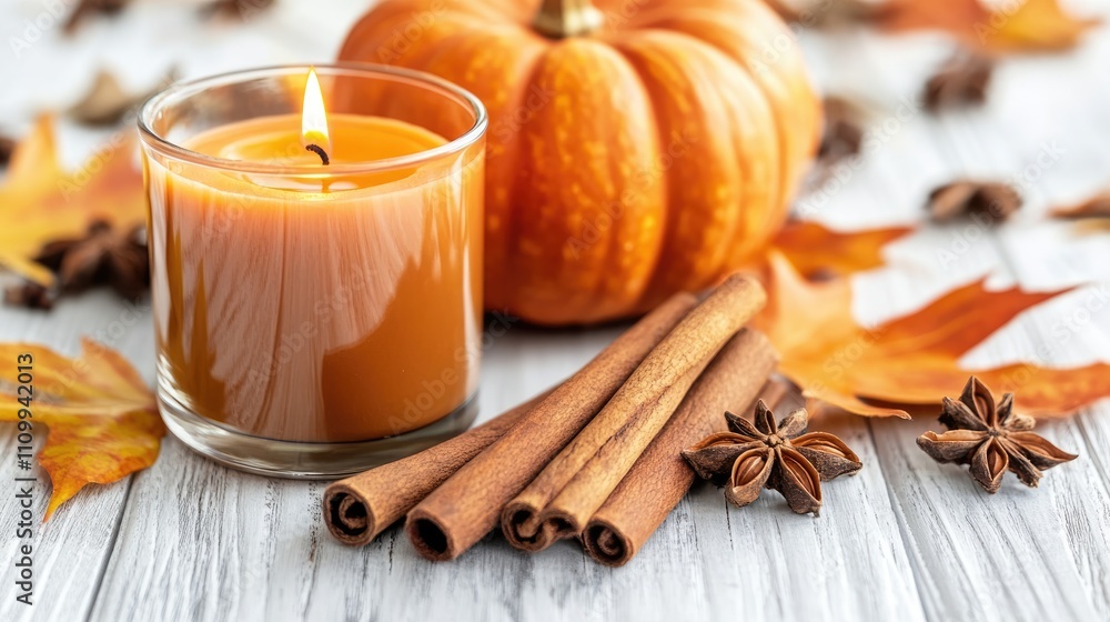 Fototapeta premium Warm Autumn Decor with Candle and Pumpkin