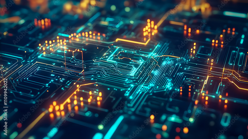 Fototapeta premium Abstract close-up of illuminated circuit board with glowing lines and data transmissions, representing technology and digital connections in modern systems