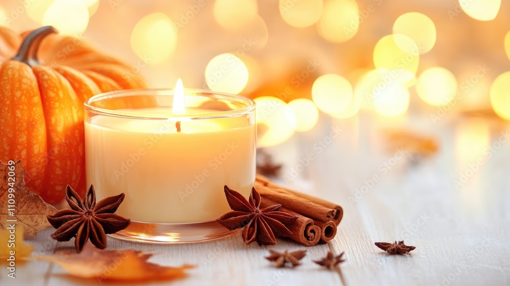 Cozy Autumn Scene with Candle and Pumpkin Decor Cozy Autumn Scene with Candle and Pumpkin Decor