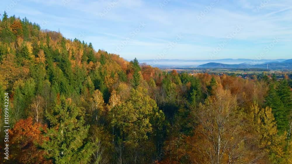 drone flight over tourist area mountains forest autumn Karpacz Poland drone flight over tourist area mountains forest autumn Karpacz Poland