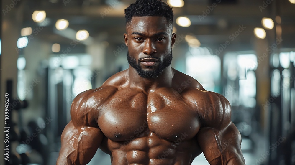 Muscular Bodybuilder Posing with Determination in Front of Reflective Gym Mirror Muscular Bodybuilder Posing with Determination in Front of Reflective Gym Mirror