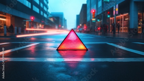 Neon Triangle on Wet City Street