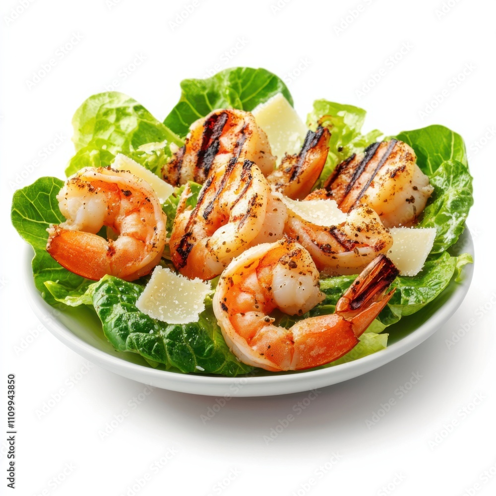 A classic Caesar salad with grilled shrimp and Parmesan cheese, isolated white background, realistic art style A classic Caesar salad with grilled shrimp and Parmesan cheese, isolated white background, realistic art style